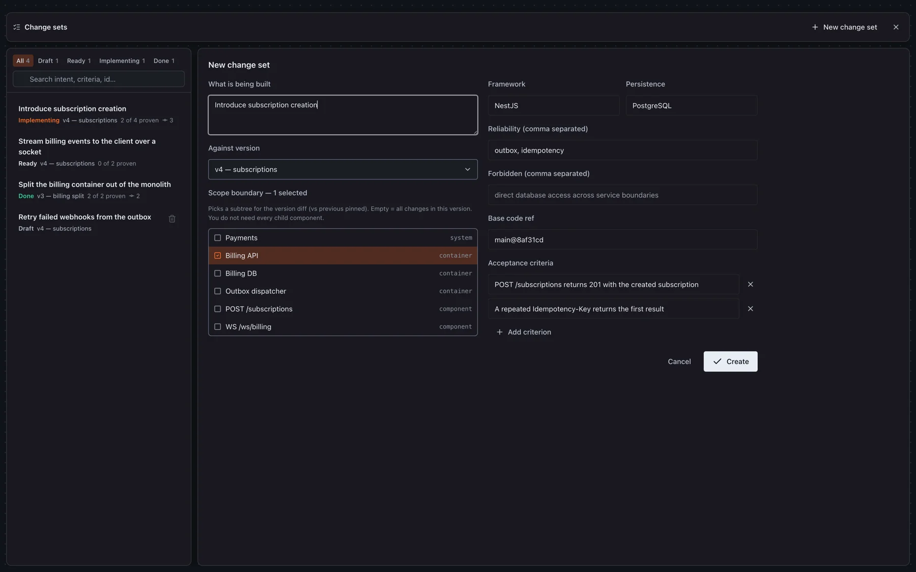 New change set form: intent, the pinned version, scope picked from that version's diff, constraints and acceptance criteria
