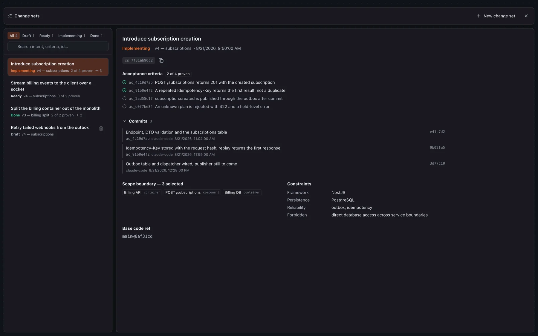 Change set catalog: work filtered by status on the left, and one change set open with its criteria, reported commits, scope and constraints