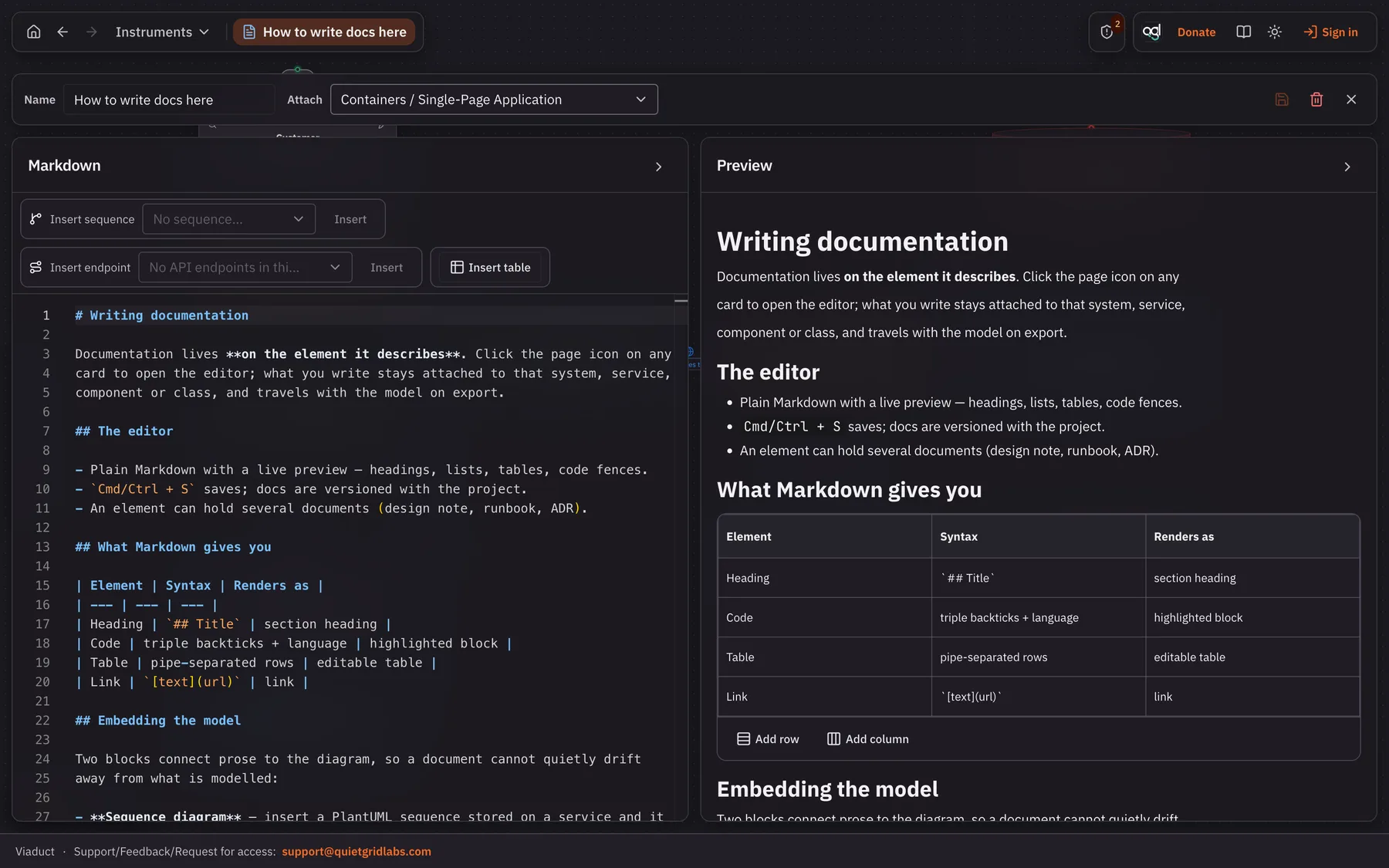 Documentation editor: Markdown source on the left, live preview with a rendered table on the right
