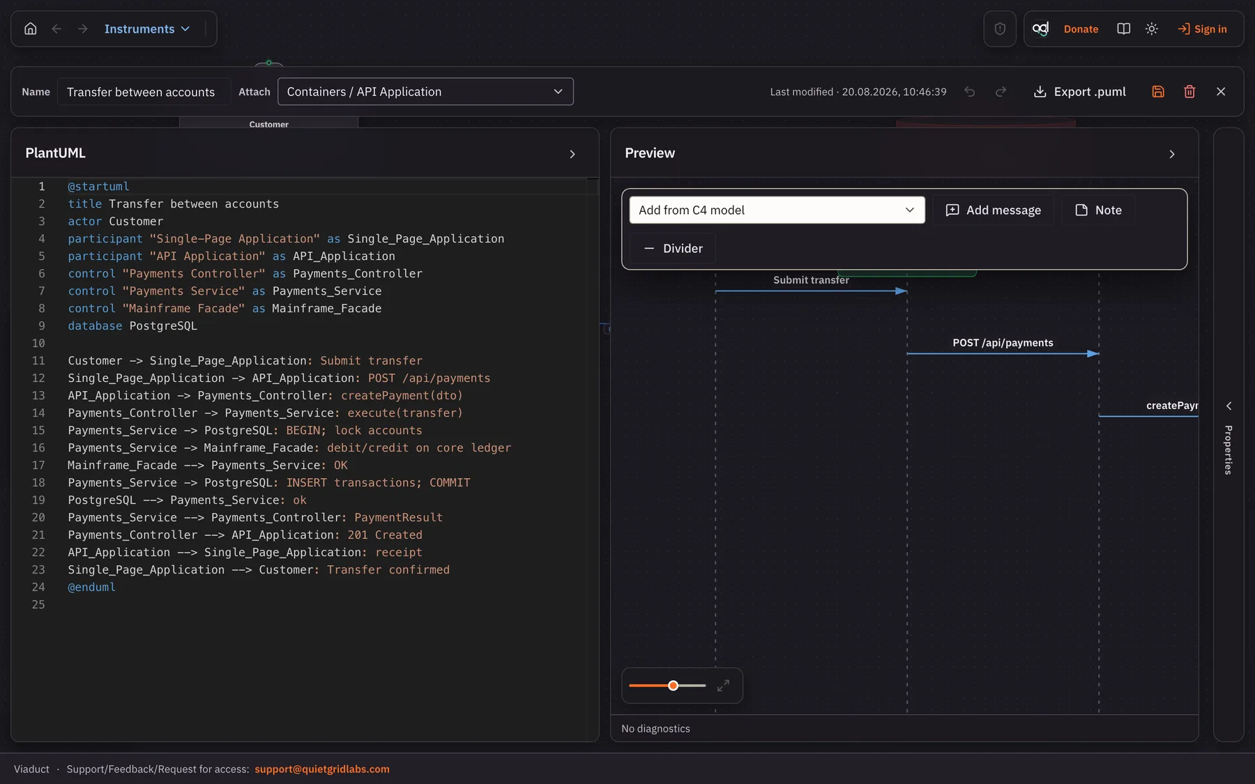 Sequence editor with PlantUML source beside the rendered interaction diagram